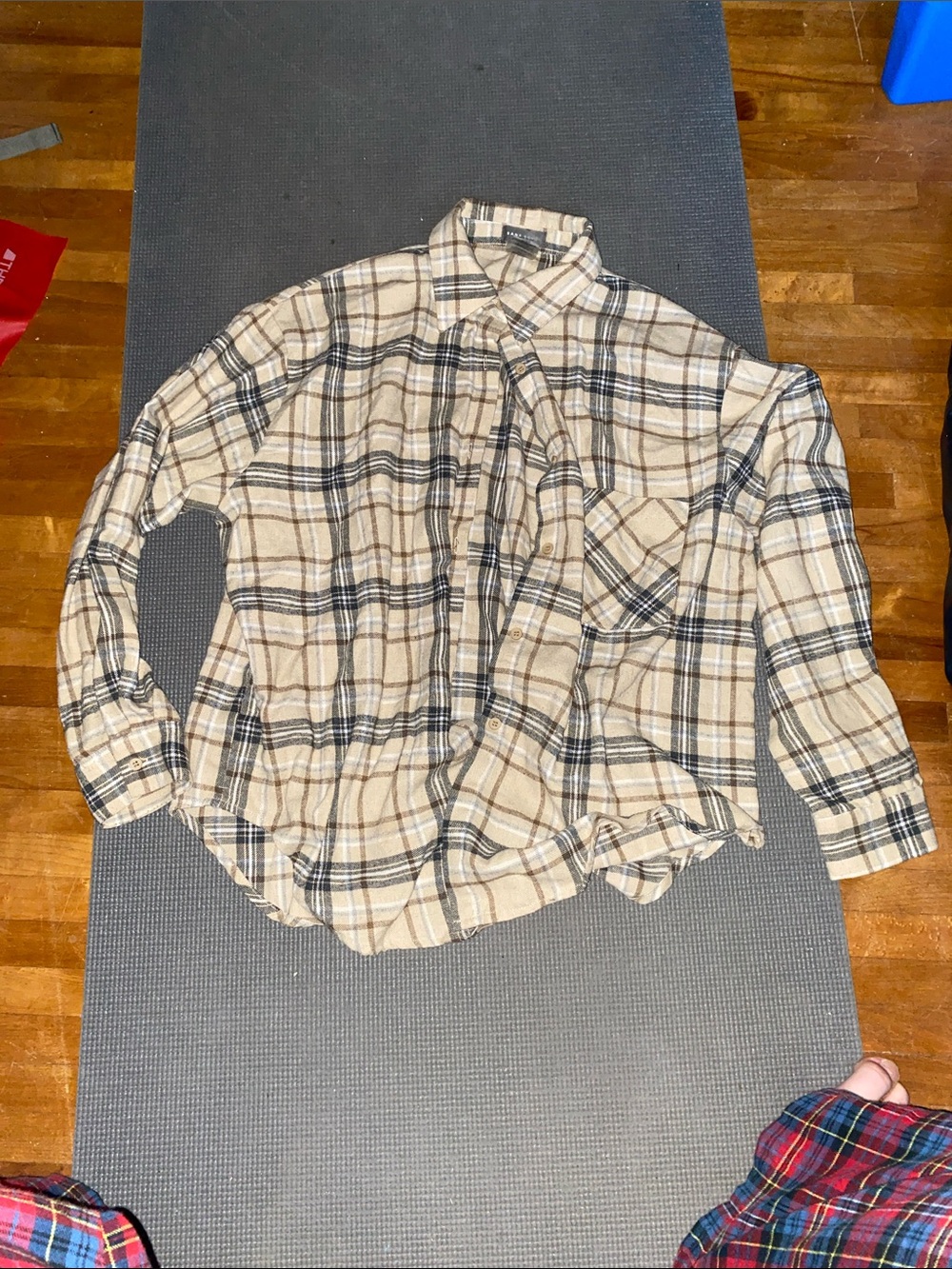 Sans Souci Beige and Black Plaid Button-Down Shirt